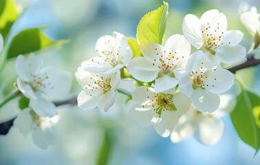 Obraz premium Close-up of delicate white blossoms on a tree branch with green leaves and soft blue sky background, evoking a peaceful and fresh spring atmosphere