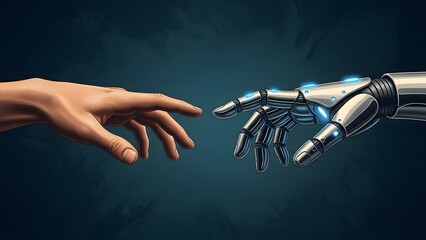 A powerful, bold illustration of a natural human hand reaching out toward a sleek metallic robotic hand. Strong contrast between organic skin textures and polished metal surfaces with illuminated acce