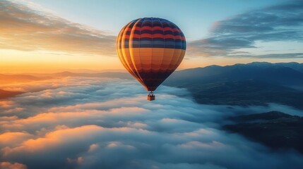 Fototapeta premium Colorful hot air balloon floating peacefully above a sea of clouds during a vibrant sunrise with mountains in the background