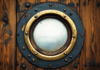 Close-up of a round brass porthole window with rivets set in a weathered wooden door with a rustic and aged appearance