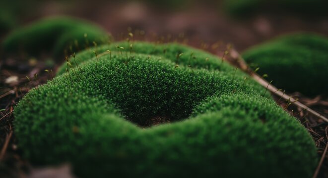 Macro View of Vibrant Green Moss with Sprouting Sporophytes on Forest Floor