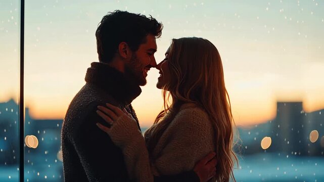 Romantic winter evening: couple embracing silhouetted against snowy city sunset
