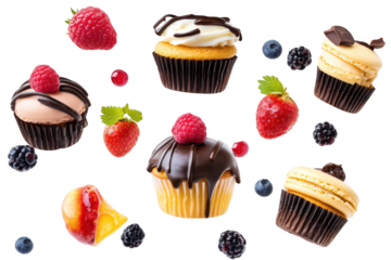 A assortment of delectable cupcakes topped with fresh berries. a delightful dessert arrangement against a clean white background. perfect for culinary promotions or food blogs