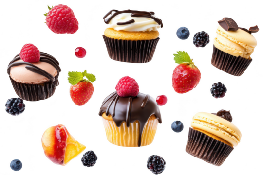 A assortment of delectable cupcakes topped with fresh berries. a delightful dessert arrangement against a clean white background. perfect for culinary promotions or food blogs