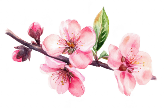 A delicate watercolor illustration of pink cherry blossoms on a slender branch. with lush green leaves. set against a clean white background. ideal for spring-themed designs or floral decor