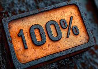 rusty metallic block with raised black numbers and percentage sign showing 100 percent on an orange corroded surface