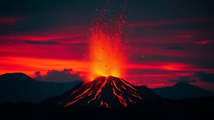 capitulating. Volcanic eruption launching rocks into a dark red sky, dramatic natural scene. travel magazines, destination branding, designed for travel destination branding, used by store managers.
