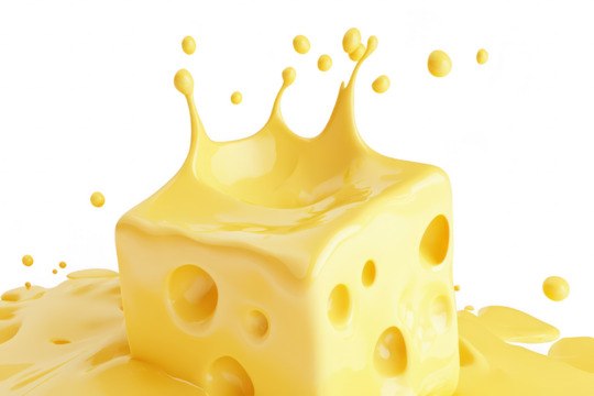 A vibrant. yellow cheese cube splashes in a pool of melted cheese. capturing the essence of indulgence and culinary delight. ideal for food-related content and advertisements