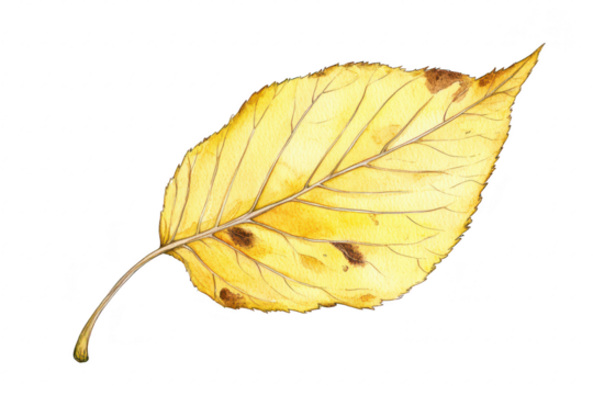 A detailed illustration of a yellow leaf intricate veins and subtle brown spots. set against a clean white background. ideal for nature-themed projects or educational materials