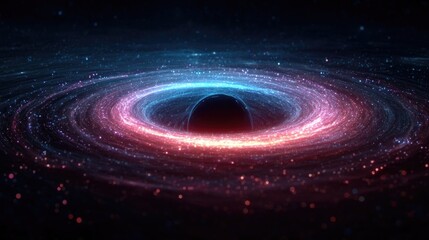 Neon black hole glowing with swirling electric gravity rings, stylized cosmic phenomenon in bright neon for astronomy and science visuals