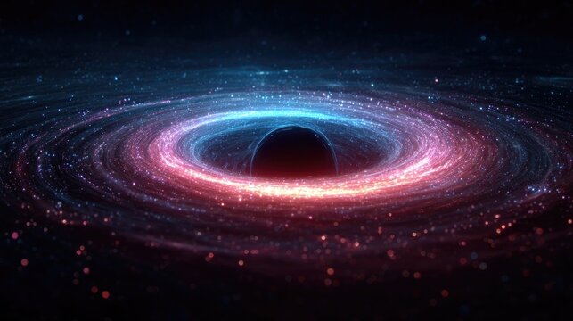 Neon black hole glowing with swirling electric gravity rings, stylized cosmic phenomenon in bright neon for astronomy and science visuals