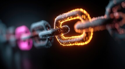 Neon blockchain concept visual showing glowing data blocks, chain links, and digital connections used for fintech, crypto, or secure systems