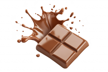 A delicious piece of chocolate bar splashing into rich. melted chocolate. creating an enticing scene that highlights the texture and appeal of confectionery. perfect for culinary marketing
