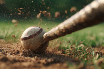 Baseball being hit with a bat on a sunny day at the park during a local game