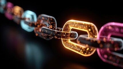 Neon blockchain concept visual showing glowing data blocks, chain links, and digital connections used for fintech, crypto, or secure systems