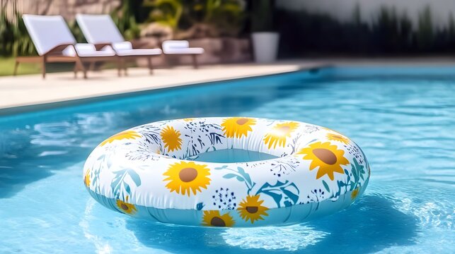 Sunflower patterned inflatable ring floating in clear blue swimming pool - Powered by Adobe