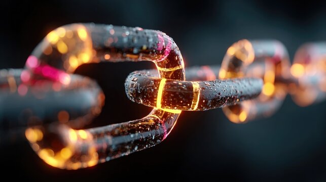 Neon blockchain concept visual showing glowing data blocks, chain links, and digital connections used for fintech, crypto, or secure systems