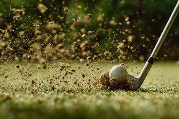 Golf swing captures ball and dirt flying in bright afternoon sunlight on a lush green course