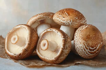 Close-up of fresh brown mushrooms with textured caps and visible gills placed on rustic paper background