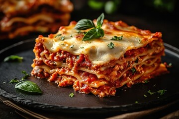 Close-up of a hearty slice of lasagna with melted cheese, tomato meat sauce, and fresh basil garnish on a dark plate creating a warm and appetizing feel