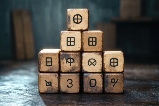 Stack of golden wooden dice with various symbols including percentage, numbers, and geometric shapes arranged in a pyramid on a dark textured surface with blurred background - Powered by Adobe