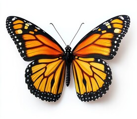 Fototapeta premium Close-up of an orange and black butterfly with white spots on its wings against a white background