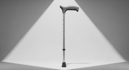 Single Crutch Standing in Spotlight, Medical Mobility Aid.