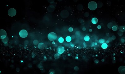 Abstract image of glowing teal bokeh lights floating over a dark, grainy textured surface, creating a dreamy and mysterious atmosphere