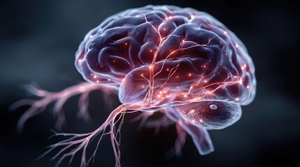 Neon brain connections glowing with electric nodes and lines, stylized digital neuroscience concept with bright neon effects on dark backgrounds
