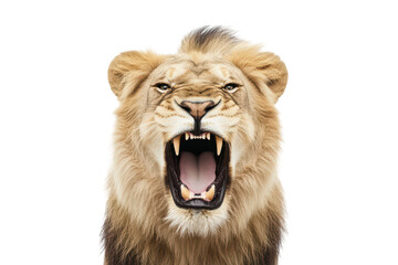 Obraz premium A powerful lion roaring fiercely. its majestic mane and sharp teeth against a plain white background. symbolizing strength and dominance in nature