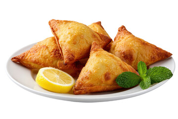 Golden brown samosas with lemon slice and mint leaves on white plate food fried, Isolated On Transparent Background, Png