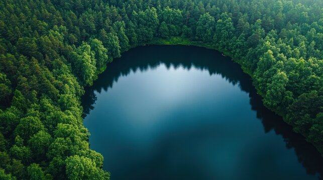 Aerial view of a calm, dark blue lake surrounded by dense, vibrant green forest under soft natural light - Powered by Adobe