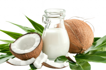 Fresh coconut milk in a glass jar surrounded by green palm leaves and coconut halves. the natural ingredients and tropical essence. ideal for culinary and health-related uses