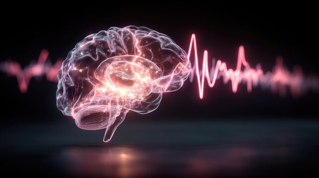 Neon brain waves glowing with electric waveform patterns, stylized neural activity concept in neon for psychology, neurology, and medical use