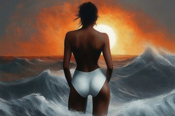 Woman standing waist-deep in ocean waves at sunset with glowing sun and dramatic orange sky, facing away with white swimsuit bottoms, evoking calm and strength