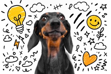 Happy dog surrounded by doodles of hearts and light bulbs