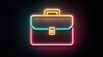 Neon briefcase icon with glowing edges, modern business symbol for corporate themes, digital job market visuals, and startup branding designs