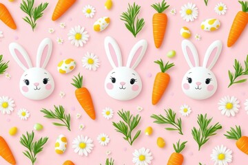 Cute white bunny faces with pink cheeks surrounded by fresh carrots, green leaves, white daisies, and decorated yellow eggs on a soft pink background