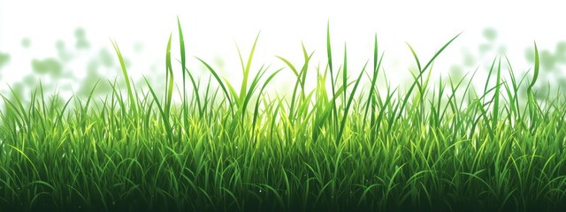 Close-up of fresh green grass blades growing densely with a bright white background and subtle blurred greenery in the distance, evoking calm and natural freshness