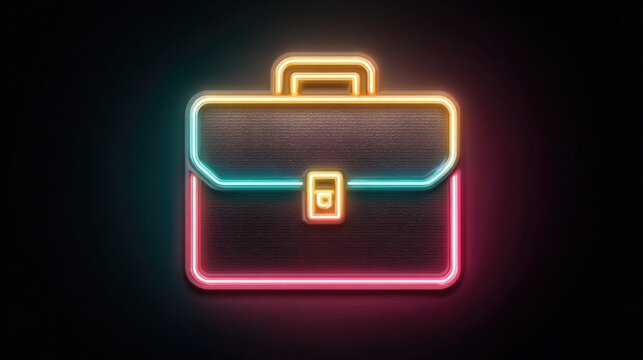Neon briefcase icon with glowing edges, modern business symbol for corporate themes, digital job market visuals, and startup branding designs