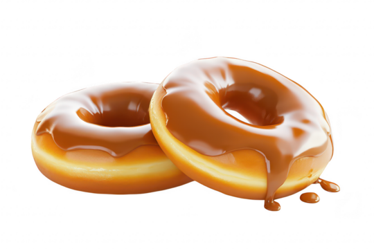 Two freshly glazed donuts with a rich caramel topping. placed on a clean white surface. highlighting their glossy texture and inviting appearance. ideal for food photography or dessert menus
