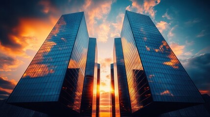 Modern glass skyscrapers reflecting colorful sunset sky with dramatic clouds creating a vibrant urban scene