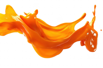 Vibrant orange paint splash gracefully arcs against a clean white background. capturing the dynamic motion and fluidity of color. ideal for creative projects and artistic expressions