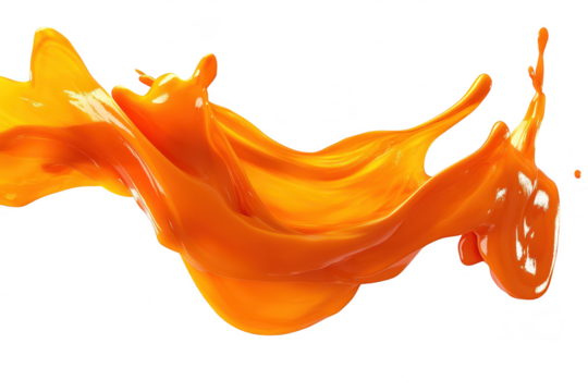 Vibrant orange paint splash gracefully arcs against a clean white background. capturing the dynamic motion and fluidity of color. ideal for creative projects and artistic expressions