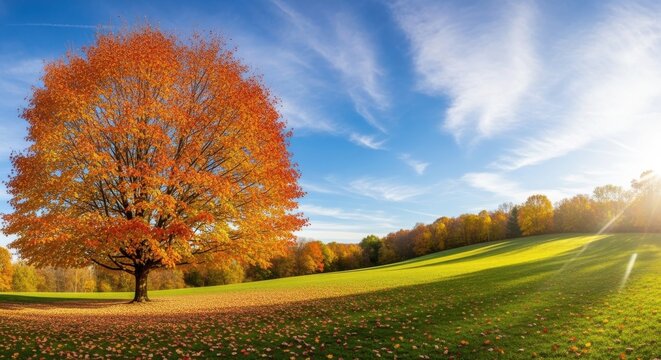 Vibrant autumn tree with brilliant orange foliage stands alone in a sunny green field under a bright blue sky with wispy clouds, evoking a beautiful fall landscape scene - Powered by Adobe