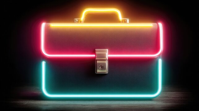 Neon briefcase icon with glowing edges, modern business symbol for corporate themes, digital job market visuals, and startup branding designs
