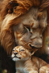 Naklejka premium Tender moment between a majestic adult lion nuzzling a content lion cub with closed eyes in a close affectionate embrace