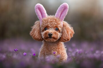 curly brown dog wearing pink fuzzy bunny ears sitting in a field of small purple flowers with a curious expression
