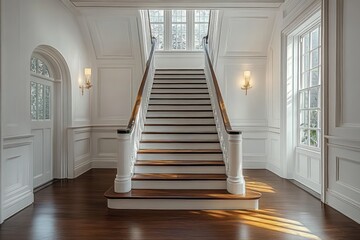 Obraz premium Bright and elegant interior featuring a wide wooden staircase with white railings bathed in natural light from large windows and accompanied by wall sconces