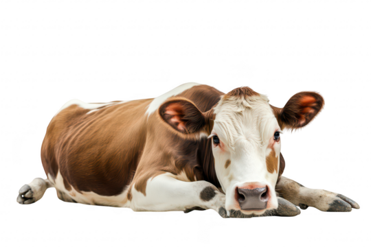 A calm brown and white cow resting on a clean white background. its relaxed demeanor. ideal for agricultural themes. animal welfare discussions. or dairy industry visuals